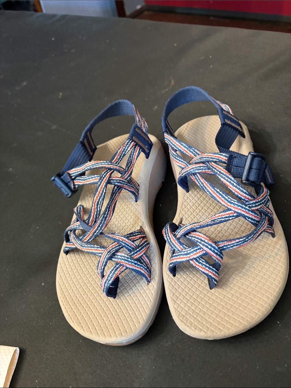 Women’s Beige Sandals with Navy Multicolor Straps